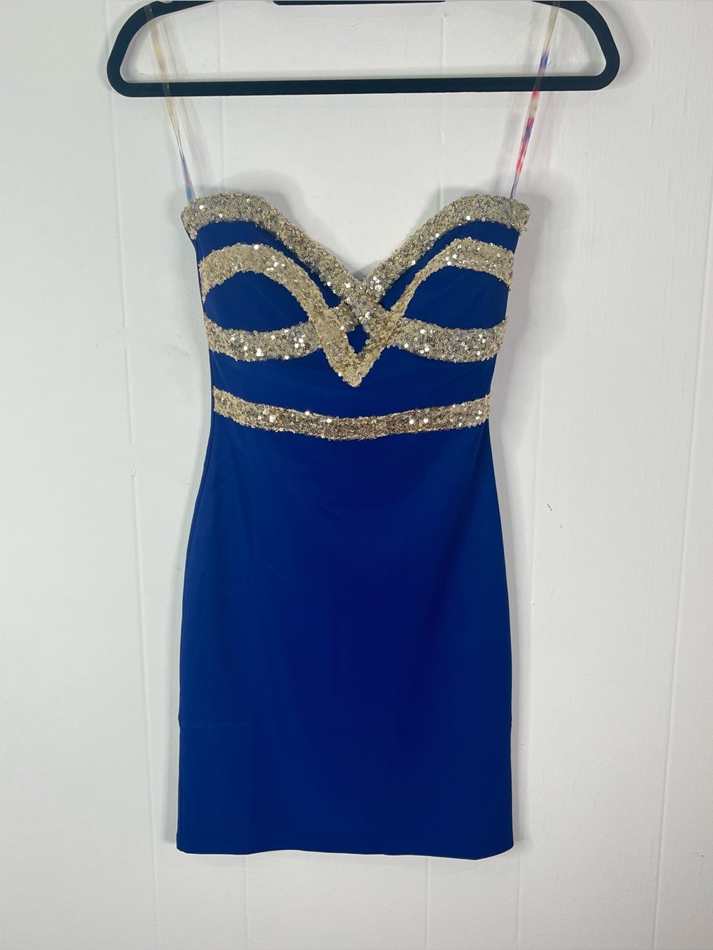 San Joy NWT Royal Blue Gold Sequin Strapless Mini Dress Sz S US 4-6